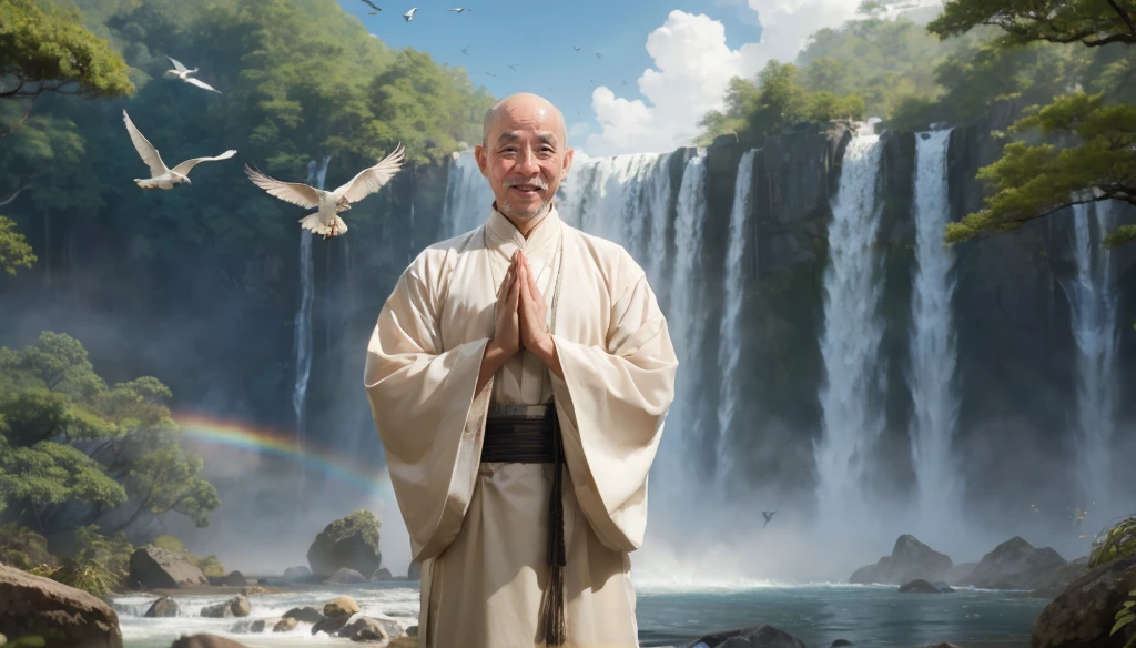 A middle-aged rather thin oriental man with a bald short beard puts his hands together，Showing goodbye，Eyes looking into the camera，Wearing a two-piece light-colored Chinese dress，Standing in the forest with waterfall，There are birds flying，There are white clouds in the blue sky，There is a rainbow above the waterfall，Beautiful and high-definition picture，The details are very clear，With depth of field