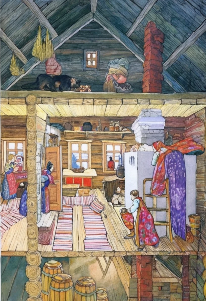 a painting of a woman and two children in a cabin, russian folk fairytale, by Ivan Bilibin, slavic folk fairytale, by Fyodor Alekseyev, by Grytė Pintukaitė, inspired by Ivan Bilibin, by Ilya Glazunov, by Stanislav Zhukovsky, by Vassily Maximov