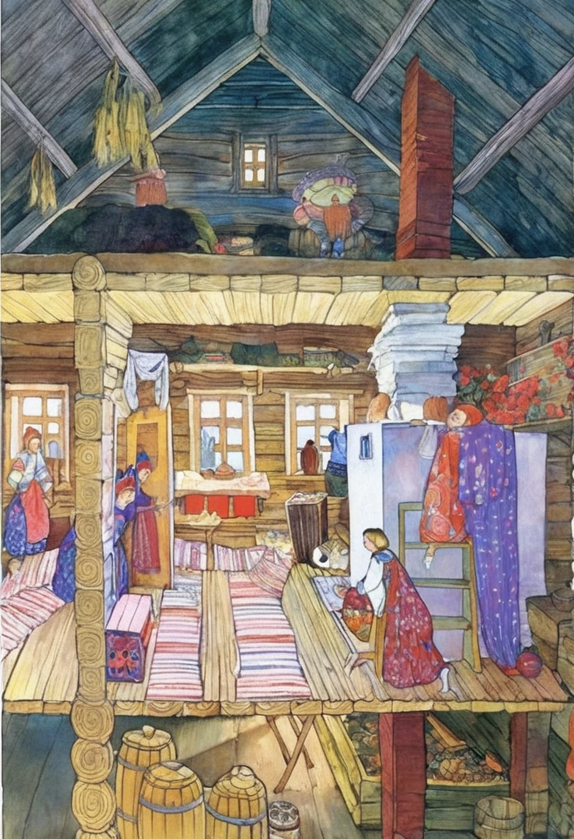 a painting of a woman and two children in a cabin, russian folk fairytale, by Ivan Bilibin, slavic folk fairytale, by Fyodor Alekseyev, by Grytė Pintukaitė, inspired by Ivan Bilibin, by Ilya Glazunov, by Stanislav Zhukovsky, by Vassily Maximov