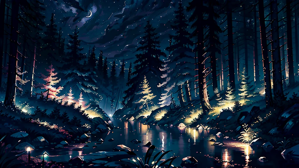 （masterpiece、Highest quality）(night:1.5)、Deep and lush ancient forest、Mysterious Forest、(静かなnightの森のlandscape:1.3)、Quiet Stream、（An illustration:1.2）、(High-resolution details:1.2)、（8K wallpapers incorporating high definition CG）、mysterious、Healing、landscape、