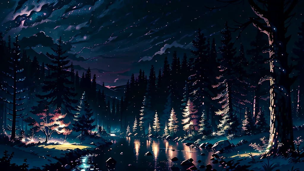 (masterpiece、Highest quality)(night:1.5)、Deep and lush ancient forest、Mysterious Forest、(静かなnightの森のlandscape:1.3)、Quiet Stream、(An illustration:1.2)、(High-resolution details:1.2)、(8K wallpapers incorporating high definition CG)、mysterious、Healing、landscape、