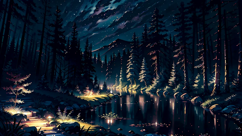 (masterpiece、Highest quality)(night:1.5)、Deep and lush ancient forest、Mysterious Forest、(静かなnightの森のlandscape:1.3)、Quiet Stream、(An illustration:1.2)、(High-resolution details:1.2)、(8K wallpapers incorporating high definition CG)、mysterious、Healing、landscape、