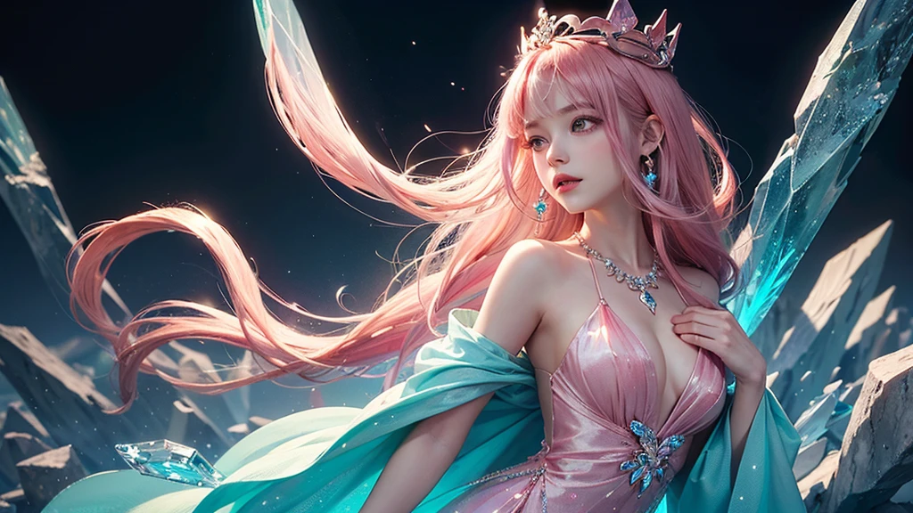 Highest quality,masterpiece,16K,One girl, bangs, Exposing shoulders, chest, Crown, crystallization, dress, From the side, gem,Colorful crystallizations,Crystal Headwear,There are many crystallizations on the clothes,Colorful Gradient Hair,カラフルなdress,Colorful crystals floating,Body crystals,Crystal Necklace,Colorful crystallization decoration,crystalline girl, Gradient Hair, jewelry, Long Hair, compensate, medium chest, Multicolored Hair, Pink Hair, alone, tiara