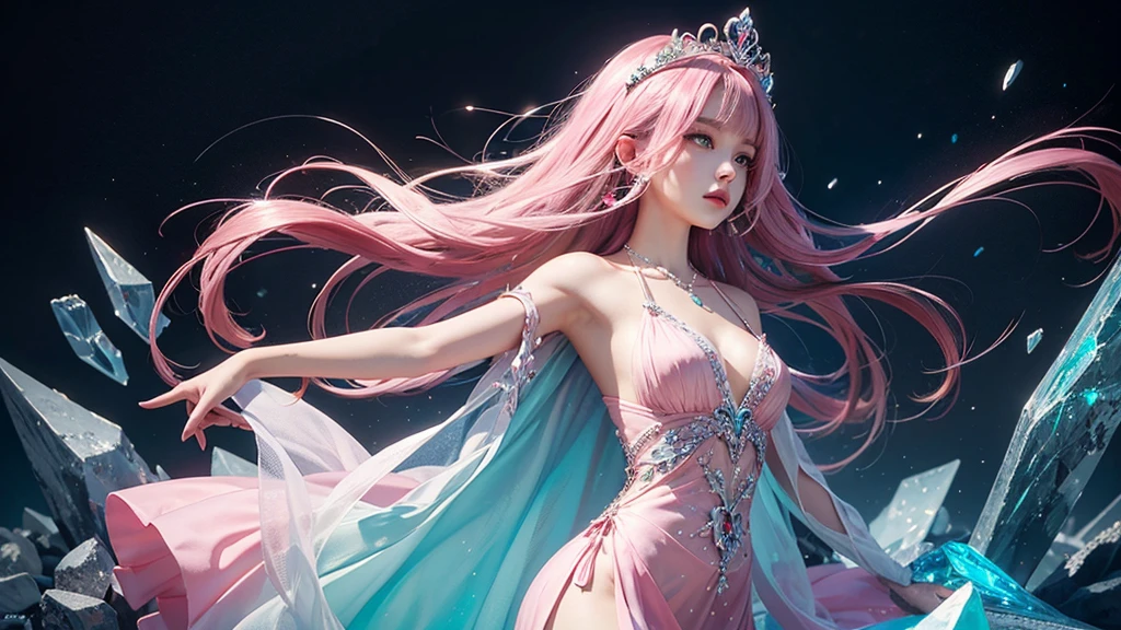 Highest quality,masterpiece,16K,One girl, bangs, Exposing shoulders, chest, Crown, crystallization, dress, From the side, gem,Colorful crystallizations,Crystal Headwear,There are many crystallizations on the clothes,Colorful Gradient Hair,カラフルなdress,Colorful crystals floating,Body crystals,Crystal Necklace,Colorful crystallization decoration,crystalline girl, Gradient Hair, jewelry, Long Hair, compensate, medium chest, Multicolored Hair, Pink Hair, alone, tiara