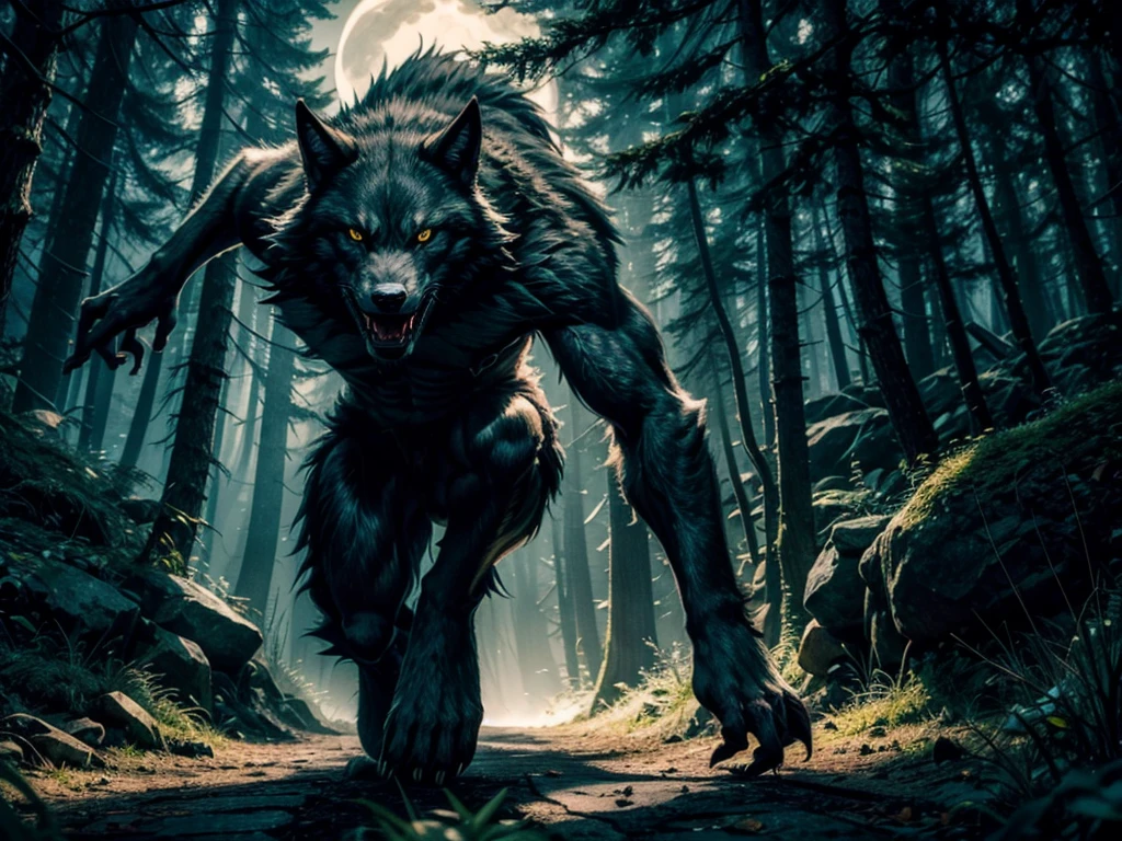 "Generate an image that represents a werewolf running, showing all his ferocity and speed. The werewolf must have a muscular and hairy body, with prominent lupine features such as intense yellow eyes, visible fangs and pointed ears. Your facial expression should be wild and determined, With your focus on your imaginary prey ahead. The setting should be a dense forest in the moonlight, with dark trees and projected shadows. The image must capture the dynamic movement of the werewolf, conveying the feeling of speed and power."