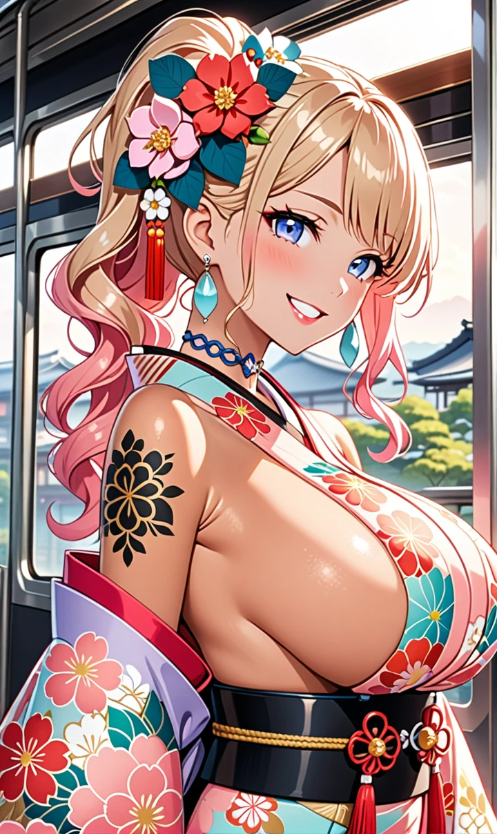 ultra-detailed, ((one girl)), (portrait),  (tan skin:1.4), in pastel colors gyaru, (heavy makeup), (professional lighting) hyper detailed, absurdres, 8k, Beautiful Face, (Laugh shyly), ((teasing smile:1.6)), ((happy smile:1.5)),  ((Wink:1.6)), (Laugh with your mouth wide open),((Tilt your face:1.6)), View your viewers, ((Bright red cheeks:1.6)), Glossy shocking pink lips, ((huge breasts:1.6)),  ((undressing:1.3)),  ((Her tattoo peeked through her kimono:1.1)), noon, summer, on the train, Anime style background)),masterpiece, Highest quality, (Brighten your face), so beautiful,Latest, Complex details, ((fluorescent pink long nail:1.2)), (ring),((bracelet)), ((Floral choker)),AI-generated, Complex,High resolution, Highest quality, super high quality,3D Images、3D Images,One person, Blonde long hair ,(High Ponytail), (wavy hair:1.4), Anime woman posing for a photo, ((Fine grain、blue eyes、glowing eyes:1.4)), (Squint your eyes:1.1),a hyperRealistic , hyperRealistic , Realistic,Long blonde anime woman, Smooth anime CG art, A girl in a gorgeous pastel-colored kimono, ((Pastel-colored furisode)),(Pink large floral pattern),  (sideboob), Long flower hair ornament,Big earrings, Mature Body, tall,Narrow waist,  ((upper body)), 