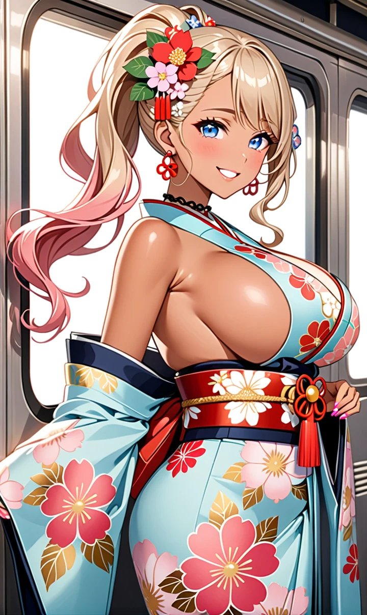 ultra-detailed, ((one girl)), (portrait),  (tan skin:1.4), in pastel colors gyaru, (heavy makeup), (professional lighting) hyper detailed, absurdres, 8k, Beautiful Face, (Laugh shyly), ((teasing smile:1.6)), ((happy smile:1.5)),  ((Wink:1.6)), (Laugh with your mouth wide open),((Tilt your face:1.6)), View your viewers, ((Bright red cheeks:1.6)), Glossy shocking pink lips, ((huge breasts:1.6)),  ((undressing:1.3)),  ((Her tattoo peeked through her kimono:1.1)), noon, summer, on the train, Anime style background)),masterpiece, Highest quality, (Brighten your face), so beautiful,Latest, Complex details, ((fluorescent pink long nail:1.2)), (ring),((bracelet)), ((Floral choker)),AI-generated, Complex,High resolution, Highest quality, super high quality,3D Images、3D Images,One person, Blonde long hair ,(High Ponytail), (wavy hair:1.4), Anime woman posing for a photo, ((Fine grain、blue eyes、glowing eyes:1.4)), (Squint your eyes:1.1),a hyperRealistic , hyperRealistic , Realistic,Long blonde anime woman, Smooth anime CG art, A girl in a gorgeous pastel-colored kimono, ((Pastel-colored furisode)),(Pink large floral pattern),  (sideboob), Long flower hair ornament,Big earrings, Mature Body, tall,Narrow waist,  ((upper body)), 