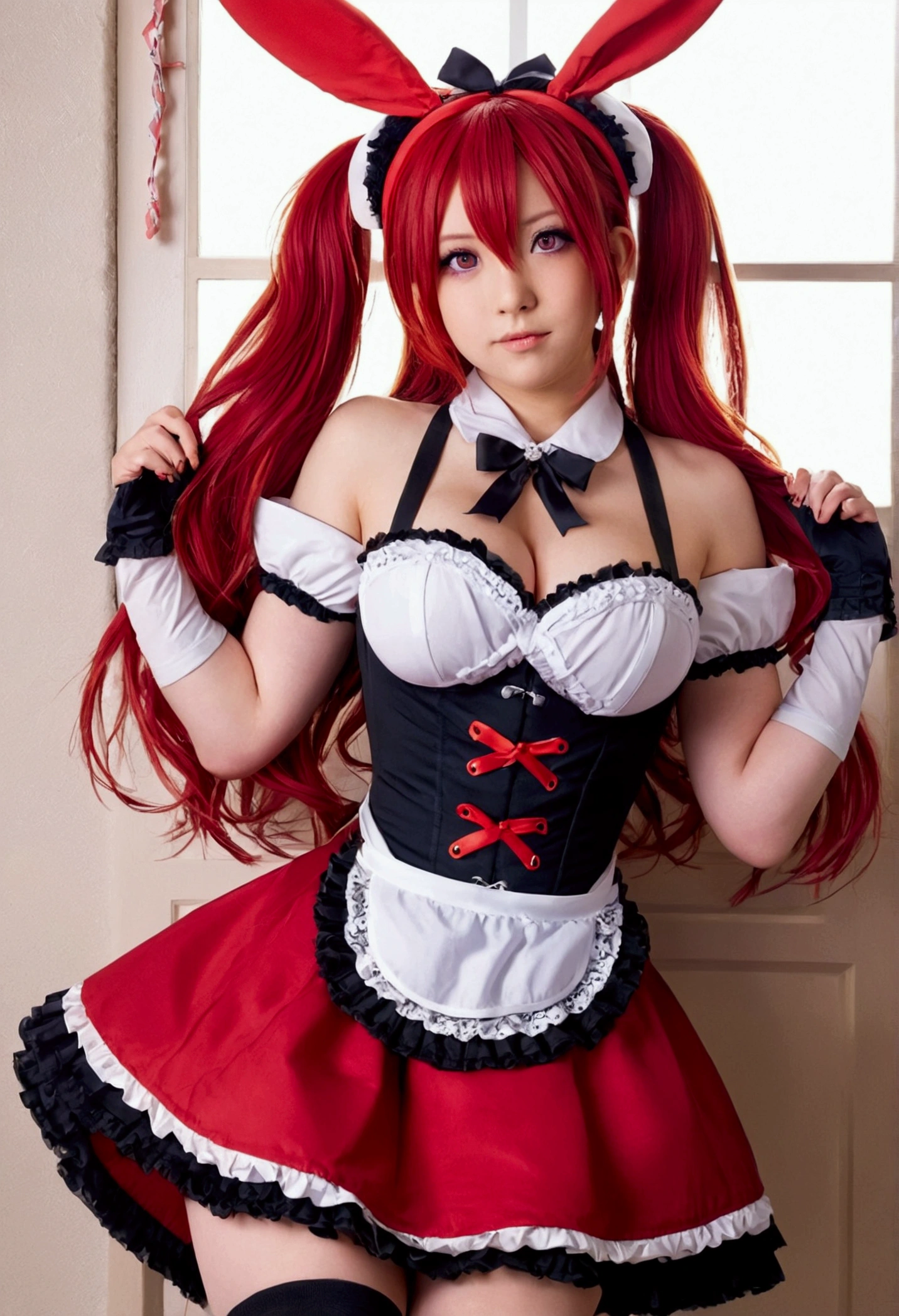 outrageous, best qualityer, 1 girl, standing alone, Red hair, purples eyes, long hair, big fit ass, oh Rabbit, bunny ears, red corset, gakuran, aprons, red ribbons around the neck, red skirt, headband, manga curta, wrist cuffs, white thigh highs, the jingle bells