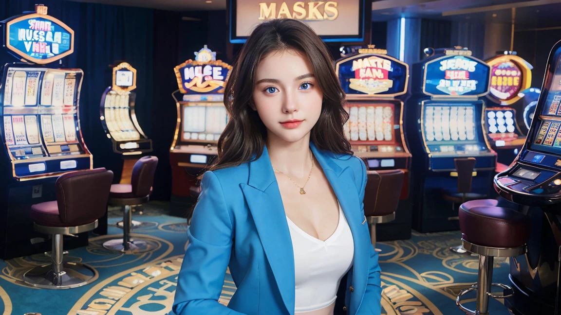 Gorgeus Girl, beautiful, Young face, 20 years old, white skin, side, sexy pose, suitable for business, blue eyes, muscle, Bokeh, modern place background, Masterpiece, full body shot, fashion suit jacket (random background,In casinos,VIP casino room, Modern Casino Console, Modern Slot Machines )