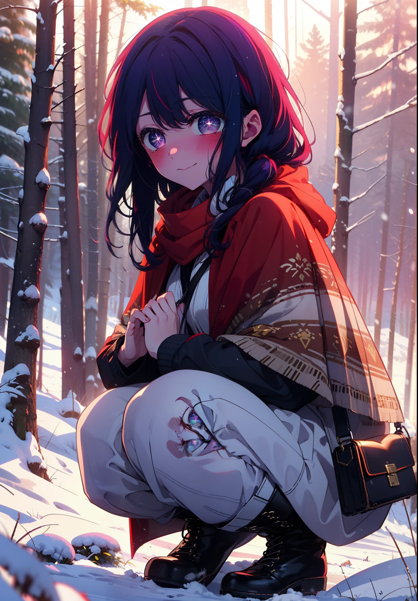 aihoshino, Ai Hoshino, Long Hair, bangs, (Purple eyes:1.1), Purple Hair, (Symbol-shaped pupil:1.5), smile,,smile,blush,white breath,
Open your mouth,snow,Ground bonfire, Outdoor, boots, snowing, From the side, wood, suitcase, Cape, Blurred, , forest, White handbag, nature,  Squat, Mouth closed, Cape, winter, Written boundary depth, Black shoes, red Cape break looking at viewer, Upper Body, whole body, break Outdoor, forest, nature, break (masterpiece:1.2), Highest quality, High resolution, unity 8k wallpaper, (shape:0.8), (Beautiful and beautiful eyes:1.6), Highly detailed face, Perfect lighting, Extremely detailed CG, (Perfect hands, Perfect Anatomy),