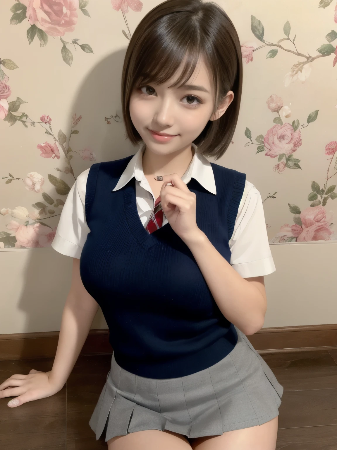 masutepiece、Best Quality、Illustration、 ultra-detailliert、hight resolution、8K Wallpapers、Perfect dynamic composition,、Beautiful detailed eyes、Natural Color Lip、Bold sexy poses、Smile、Harajuku、36 years girl、Cute、Sexy shot looking at camera、(top-quality: 1.3), (​masterpiece: 1.3), (Super Detail: 1.3), (wall-paper, one girls: 1.1), (Detailed hands and fingers:1.2)、(Detailed ultra-oily shiny skin:1.1)、oily shiny thighhigh、(Perfect High School Girl Uniform:1.3)、Short sleeve Y-shirt、(Navy Blue Sleeveless Sweater Vest:1.2)、(Beautiful Large Breasts:1.3)、(Red checked miniskirt:1.2)、Sitting with open legs、Brown hair、Shorthair、poneyTail、Beautiful sister、Childhood Friend's Boy's Room、sitting down on the floor