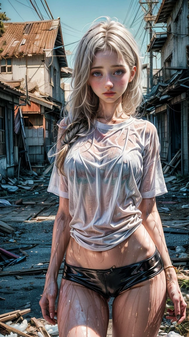1 girl, Only One, (((Wet white shirt)))), ((no-good))))), exposed shoulders and entire navel, , ((((Retrato de Emily rudd)))), almost completely naked, NSFW, long and wet white t-shirt, (((private details delicate)), (((abandoned place, muck, land, dust, haze, natta, chilly, icy, dampness))))large breasted, (wet clothing showing the skin underneath), (Caucasian skin), pale skin, big green eyes, Swollen breasts, portraite, professional quality, high resolution, perfect contrast, The lighting, perfect composition, Waifu, perfect skin, perfect hands, perfect fingers, perfect shaped breasts, perfect hair, face perfect