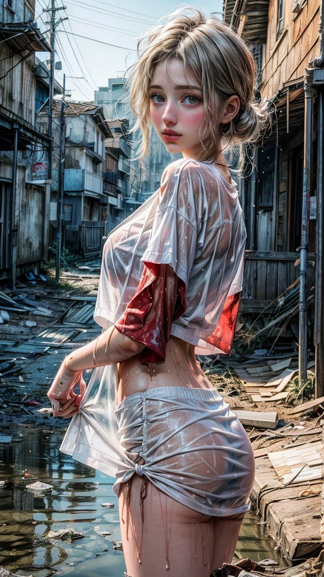 1 girl, Only One, (((Wet white shirt)))), ((no-good))))), exposed shoulders and entire navel, , ((((Retrato de Emily rudd)))), almost completely naked, NSFW, long and wet white t-shirt, (((private details delicate)), (((abandoned place, muck, land, dust, haze, natta, chilly, icy, dampness))))large breasted, (wet clothing showing the skin underneath), (Caucasian skin), pale skin, big green eyes, Swollen breasts, portraite, professional quality, high resolution, perfect contrast, The lighting, perfect composition, Waifu, perfect  skin, perfect hands, perfect fingers, perfect shaped breasts, perfect hair, face perfect