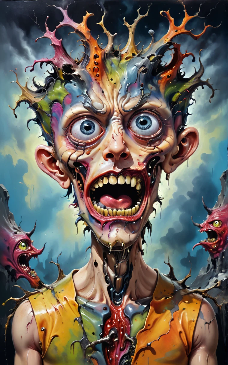 A crazed, whimsical portrait of a manl, undercut  hair, wide open eyes, distorted features, melting flesh, twisted limbs, abstract surreal background, vivid colors, dramatic lighting, (best quality,4k,8k,highres,masterpiece:1.2),ultra-detailed,(realistic,photorealistic,photo-realistic:1.37),digital painting,surreal,avant-garde,psychedelic,abstract expressionism,dark fantasy