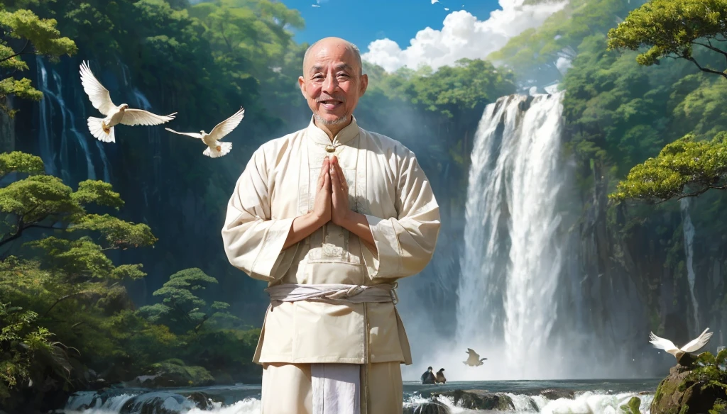 A middle-aged rather thin oriental man with a bald short beard puts his hands together，Showing goodbye，Eyes looking into the camera，Wearing a two-piece light-colored Chinese dress，Standing in the forest with waterfall，There are birds flying，There are white clouds in the blue sky，There is a rainbow above the waterfall，Beautiful and high-definition picture，The details are very clear，With depth of field