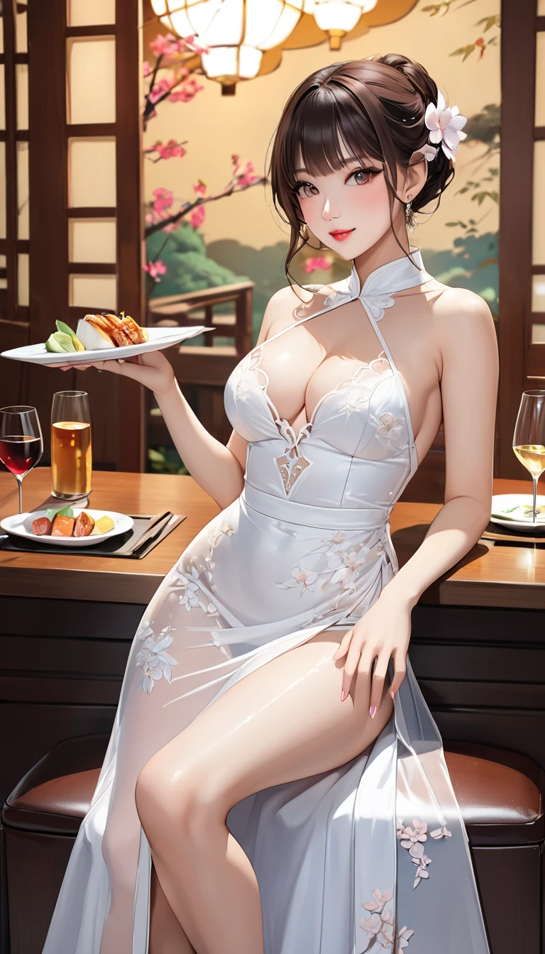 (masterpiece,Highest quality,Ultra-high resolution),One female,A Japanese woman works at a Chinese restaurant,(((Beautiful Face,Detailed face,Beautiful Eyes,Beautiful Nose,Pretty lips))),(((Beautiful Skin))),(Shiny skin),Wearing a see-through white Chinese dress,High heels,Beautiful legs,Functional,(((hands))),(front:1.5),(((It's raining heavily))),(((Cloudy))),((Cowboy Shot))