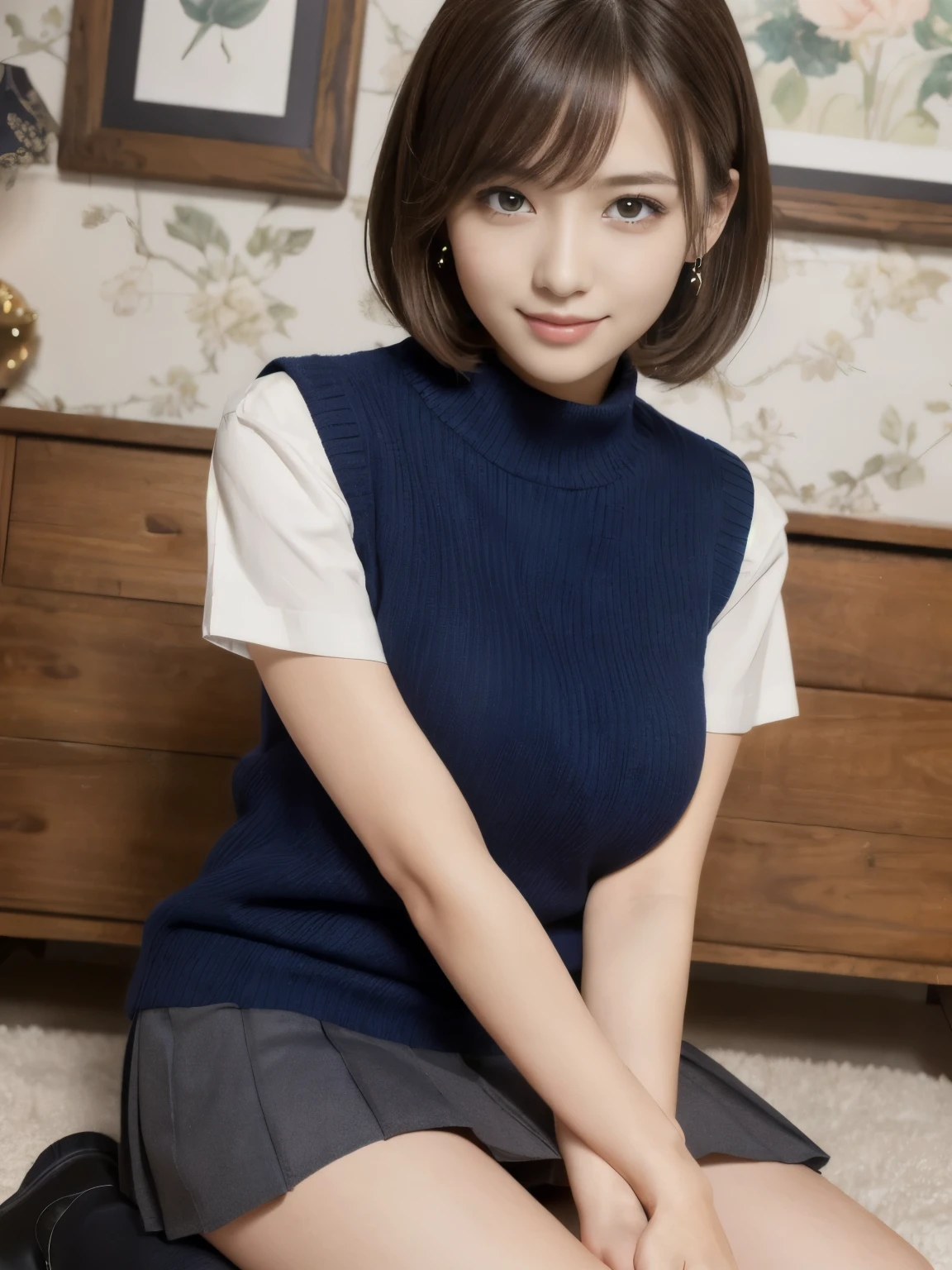 masutepiece、Best Quality、Illustration、 ultra-detailliert、hight resolution、8K Wallpapers、Perfect dynamic composition,、Beautiful detailed eyes、Natural Color Lip、Bold sexy poses、Smile、Harajuku、36 years girl、Cute、Sexy shot looking at camera、(top-quality: 1.3), (masterpiece: 1.3), (Super Detail: 1.3), (wall-paper, one girls: 1.1), (Detailed hands and fingers:1.2)、(Detailed ultra-oily shiny skin:1.1)、oily shiny thighhigh、(Perfect High School Girl Uniform:1.3)、Short sleeve Y-shirt、(Navy Blue Sleeveless Sweater Vest:1.2)、(Beautiful Large Breasts:1.3)、(Red checked miniskirt:1.2)、Sitting with open legs、Brown hair、Shorthair、poneyTail、Beautiful sister、Childhood Friend's Boy's Room、sitting down on the floor