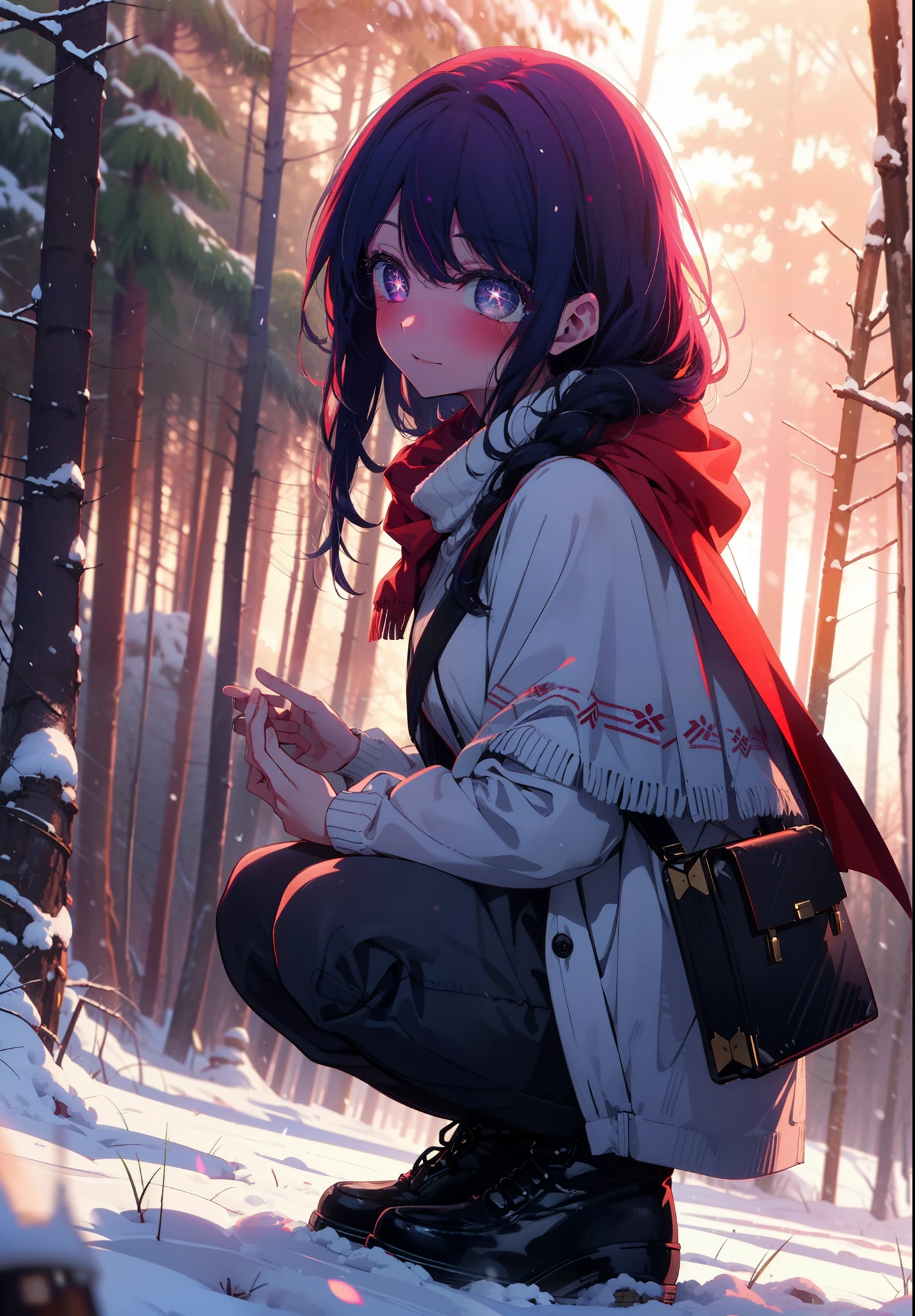 aihoshino, Ai Hoshino, Long Hair, bangs, (Purple eyes:1.1), Purple Hair, (Symbol-shaped pupil:1.5), smile,,smile,blush,white breath,
Open your mouth,snow,Ground bonfire, Outdoor, boots, snowing, From the side, wood, suitcase, Cape, Blurred, , forest, White handbag, nature,  Squat, Mouth closed, Cape, winter, Written boundary depth, Black shoes, red Cape break looking at viewer, Upper Body, whole body, break Outdoor, forest, nature, break (masterpiece:1.2), Highest quality, High resolution, unity 8k wallpaper, (shape:0.8), (Beautiful and beautiful eyes:1.6), Highly detailed face, Perfect lighting, Extremely detailed CG, (Perfect hands, Perfect Anatomy),