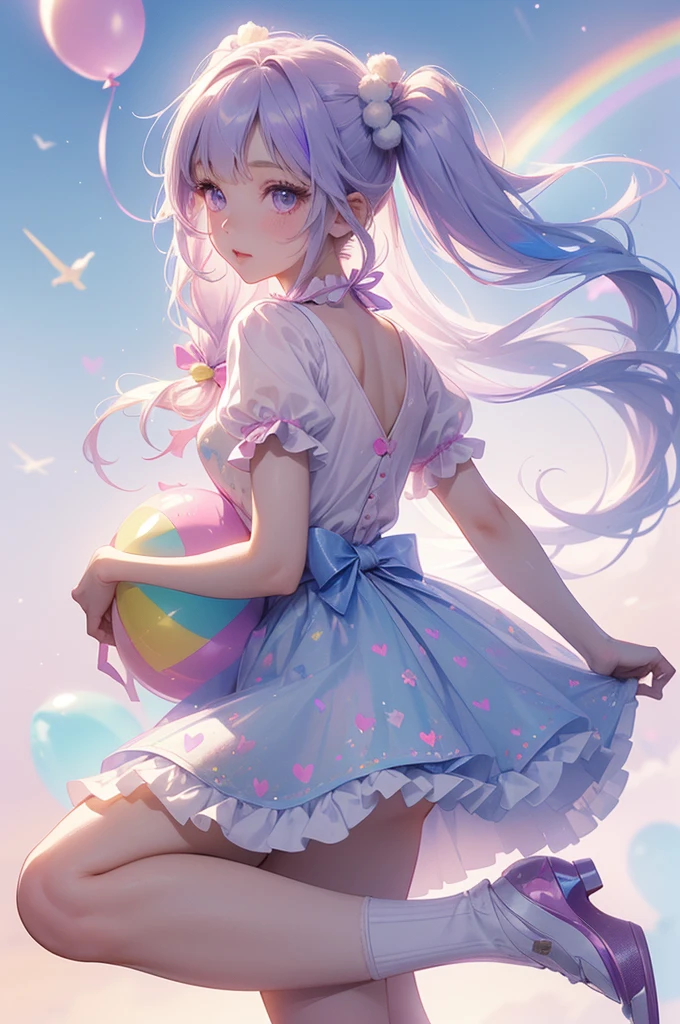 (whole body, legs and shoes visible: 1.2)) Expressive eyes, One girl, Pale skin, Long Hair, Windblown Hair, ((absurdly Long Hair)), Long Side Lock, Princess bangs, Hair bangs, Hair Bun, ((Very long twin tails)), Rainbow Hair, Light pink hair, blush, full face blush, big sparkling Pastel Purple eyes, (Gradient Eye), Laughing with your mouth open, cute pose, ((Holding a balloon : 1.3)) ((cute and pastel fashion)) ((🦄🎠🎈🎉 theme : 1.4)) A loose pastel dress, ((Dreamy multi-colored open dress)), (Floating ribbon), Lavender Frill, Pink frills, (Light blue lace), Removable short sleeves, Fluffy skirt, ((Rainbow and star printed skirt : 1.3)), Lolita Skirt, Purple ribbon, ((pom pom ribbon hair ornament : 1.4)), Multiple Bows, Striped lace stockings, (heart型のレッグガーター), cute (Pastel Purple) shoes ((Ultra-detailed clothing and fashion)) I&#39;m watching you, Vintage Girl, blush, (Beautiful attention to detail), (Highly detailed CG Unity 8k wallpaper) (Best Shadow), ((Very delicate and beautiful)), (Detailed light), ((Depth of written boundary)) Big Head, Big, bright eyes, Moe, Splash Art, Cinema Lighting, Front view, volumetric lighting maximalist photo illustration k resolution high resolution intricate detailed complex key visuals precise linear ((Dreamy pastel sky background, Surrounded by sunset clouds, shooting star, Castle above the clouds)) ((Ultra-detailed landscapes, Foggy clouds, Hung by balloons, heart : 1.3))