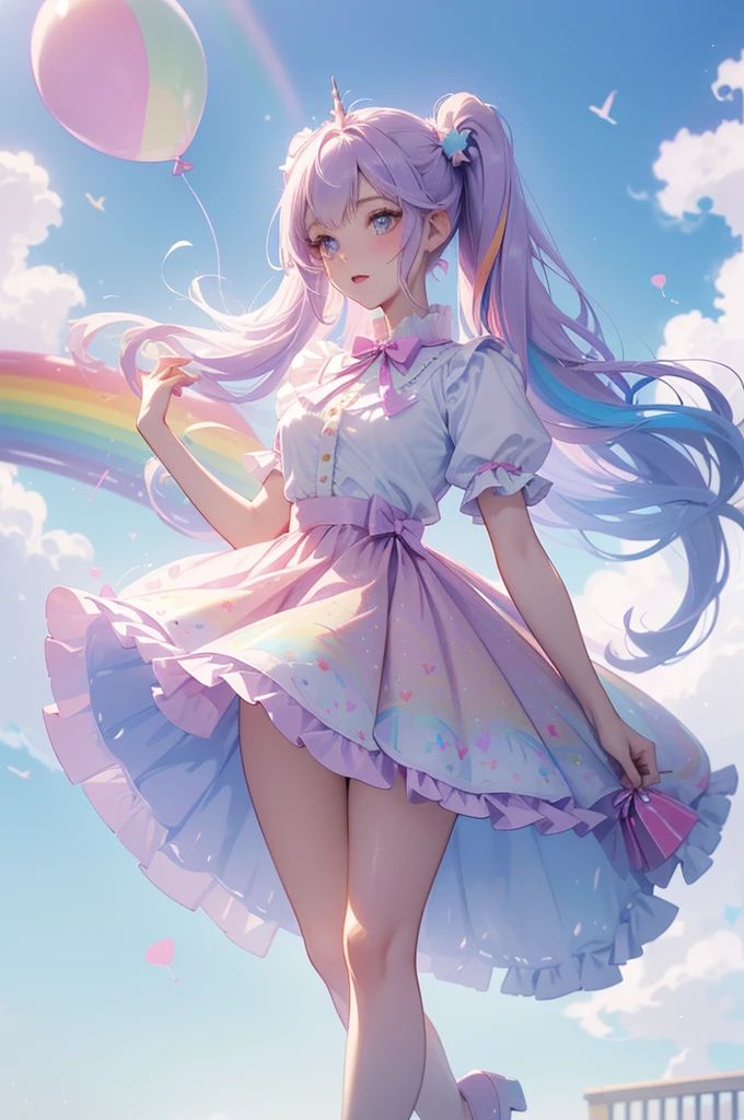 (whole body, legs and shoes visible: 1.2)) Expressive eyes, One girl, Pale skin, Long Hair, Windblown Hair, ((absurdly Long Hair)), Long Side Lock, Princess bangs, Hair bangs, Hair Bun, ((Very long twin tails)), Rainbow Hair, Light pink hair, blush, full face blush, big sparkling Pastel Purple eyes, (Gradient Eye), Laughing with your mouth open, cute pose, ((Holding a balloon : 1.3)) ((cute and pastel fashion)) ((🦄🎠🎈🎉 theme : 1.4)) A loose pastel dress, ((Dreamy multi-colored open dress)), (Floating ribbon), Lavender Frill, Pink frills, (Light blue lace), Removable short sleeves, Fluffy skirt, ((Rainbow and star printed skirt : 1.3)), Lolita Skirt, Purple ribbon, ((pom pom ribbon hair ornament : 1.4)), Multiple Bows, Striped lace stockings, (heart型のレッグガーター), cute (Pastel Purple) shoes ((Ultra-detailed clothing and fashion)) I'm watching you, Vintage Girl, blush, (Beautiful attention to detail), (Highly detailed CG Unity 8k wallpaper) (Best Shadow), ((Very delicate and beautiful)), (Detailed light), ((Depth of written boundary)) Big Head, Big, bright eyes, Moe, Splash Art, Cinema Lighting, Front view, volumetric lighting maximalist photo illustration k resolution high resolution intricate detailed complex key visuals precise linear ((Dreamy pastel sky background, Surrounded by sunset clouds, shooting star, Castle above the clouds)) ((Ultra-detailed landscapes, Foggy clouds, Hung by balloons, heart : 1.3))