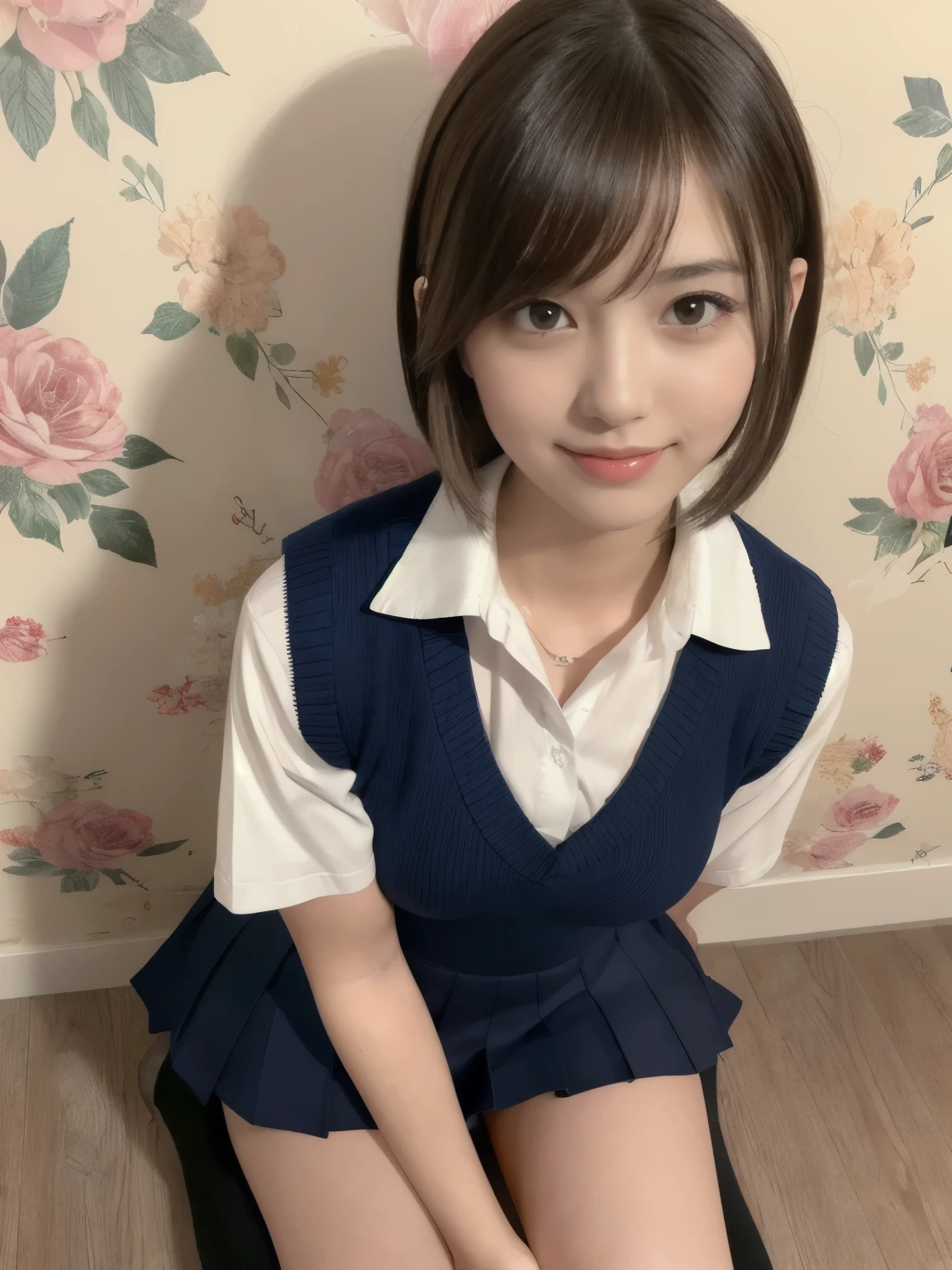 masutepiece、Best Quality、Illustration、 ultra-detailliert、hight resolution、8K Wallpapers、Perfect dynamic composition,、Beautiful detailed eyes、Natural Color Lip、Bold sexy poses、Smile、Harajuku、36 years girl、Cute、Sexy shot looking at camera、(top-quality: 1.3), (​masterpiece: 1.3), (Super Detail: 1.3), (wall-paper, one girls: 1.1), (Detailed hands and fingers:1.2)、(Detailed ultra-oily shiny skin:1.1)、oily shiny thighhigh、(Perfect High School Girl Uniform:1.3)、Short sleeve Y-shirt、(Navy Blue Sleeveless Sweater Vest:1.2)、(Beautiful Large Breasts:1.3)、(Red checked miniskirt:1.2)、Sitting with open legs、Brown hair、Shorthair、poneyTail、Beautiful sister、Childhood Friend's Boy's Room、sitting down on the floor