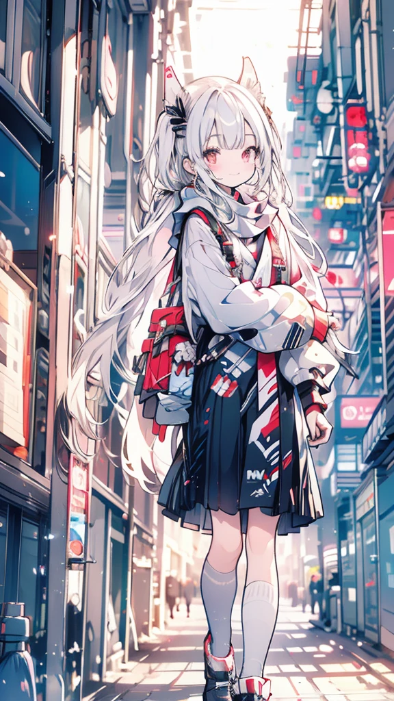 White hair, girl, twin tails, scarf, red eyes, back alley, smoking, turning around, smiling face