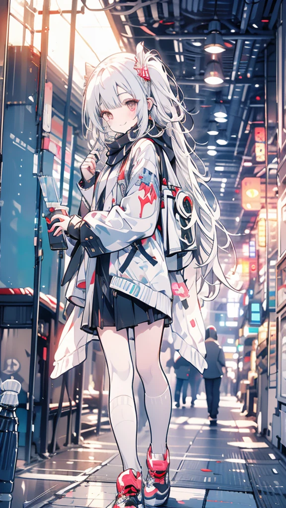 White hair, girl, twin tails, scarf, red eyes, back alley, smoking, turning around, smiling face