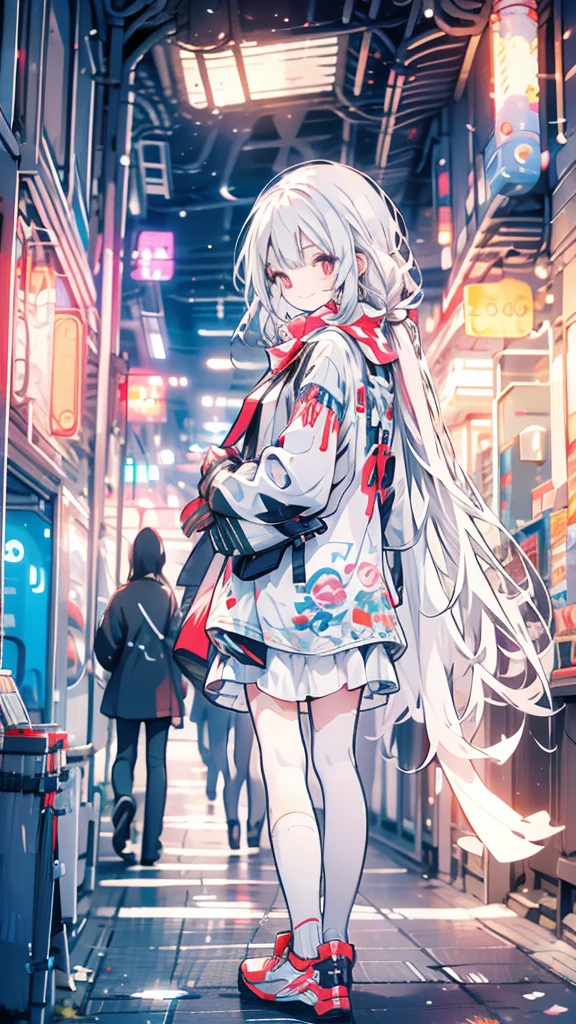 White hair, girl, twin tails, scarf, red eyes, back alley, smoking, turning around, smiling face