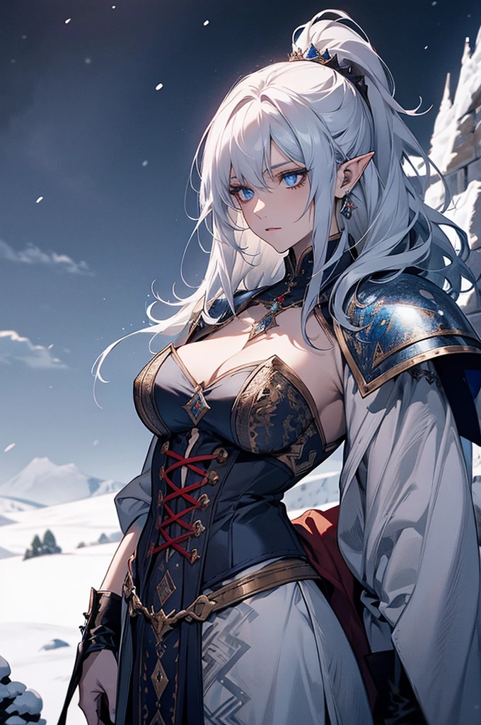Female dragon, medium hair, blue colored eyes, Defined physique, medieval clothes, scales on the neck and pointed ears, medieval tattoos, on a snowy mountain, extreme detail, dynamic lighting.