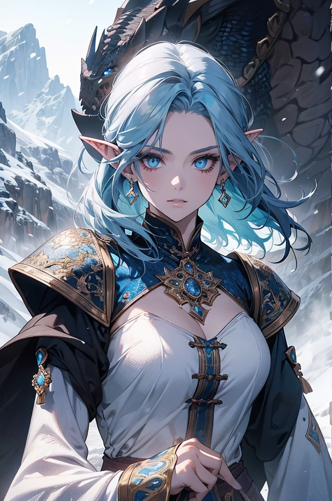 Female dragon, medium hair, blue colored eyes, Defined physique, medieval clothes, scales on the neck and pointed ears, medieval tattoos, on a snowy mountain, extreme detail, dynamic lighting.
