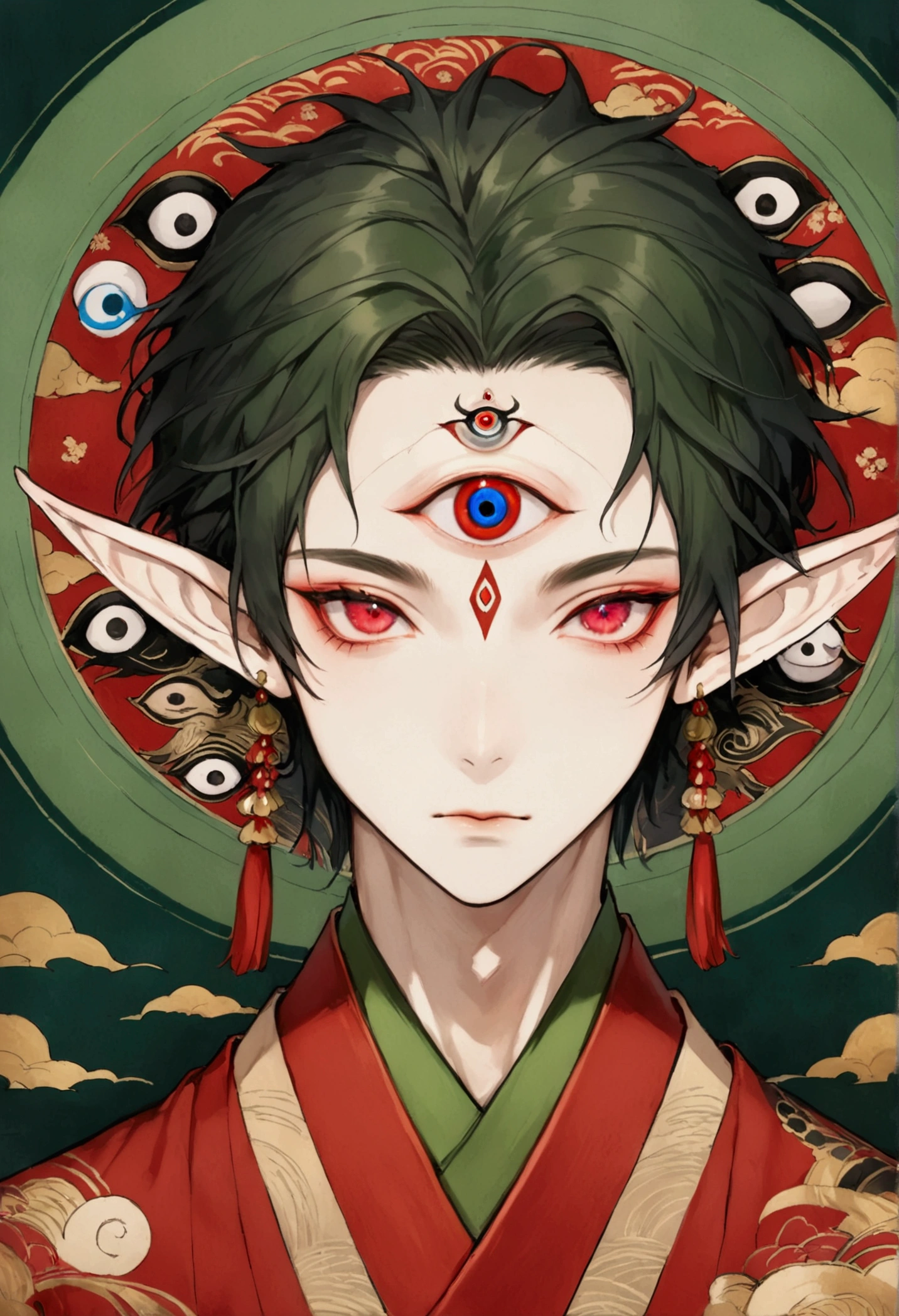 Art Illustration,Dark Style,(((1 Boy,独奏,third eye on the forehead,Elf ears))),(((Gorgeous Japanese red kimono:1.6,Eye Diagram,Dark Pattern))).(((Thin waist,Greenbelt:1.37)))