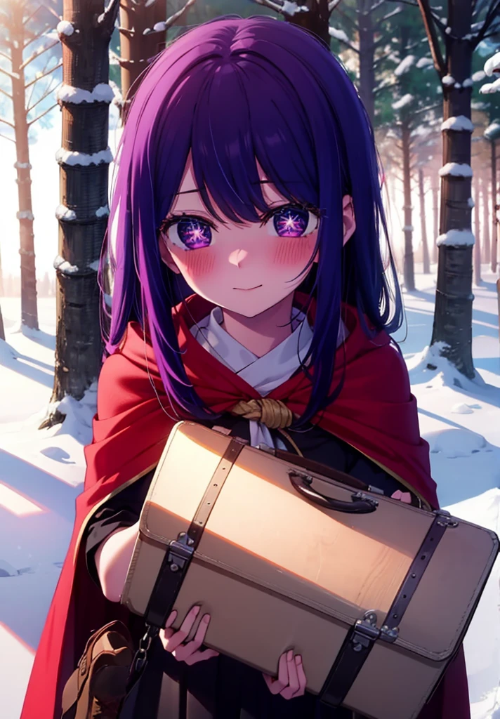 aihoshino, Ai Hoshino, Long Hair, bangs, (Purple eyes:1.1), Purple Hair, (Symbol-shaped pupil:1.5), smile,,smile,blush,white breath,
Open your mouth,snow,Ground bonfire, Outdoor, boots, snowing, From the side, wood, suitcase, Cape, Blurred, , forest, White handbag, nature,  Squat, Mouth closed, Cape, winter, Written boundary depth, Black shoes, red Cape break looking at viewer, Upper Body, whole body, break Outdoor, forest, nature, break (masterpiece:1.2), Highest quality, High resolution, unity 8k wallpaper, (shape:0.8), (Beautiful and beautiful eyes:1.6), Highly detailed face, Perfect lighting, Extremely detailed CG, (Perfect hands, Perfect Anatomy),