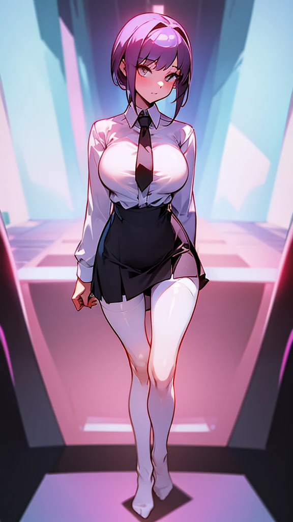 Girl in high white stockings , short skirt, stands upright without shoes in the middle of the room , confused expression. Correct proportions of the human body.Big breasts in a tight blouse.