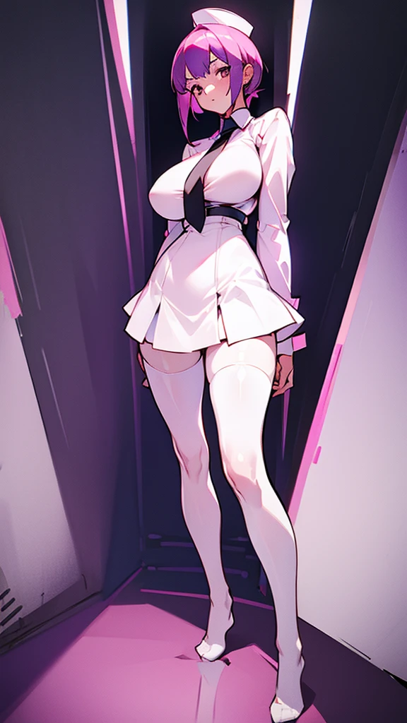 Girl in high white stockings , short skirt, stands upright without shoes in the middle of the room , confused expression. Correct proportions of the human body.Big breasts in a tight blouse.