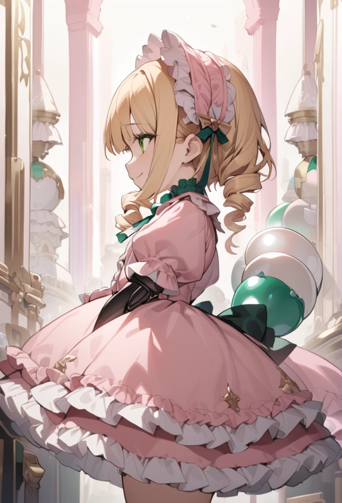 Blonde hair,ringlet,emerald green eyes,long eyelashes,light pink victorian dress,puffy short sleeves,frilled dress,frilly wide brimmed Bonnet with bows,fringe bangs,cowboy shot,masterpiece,highress,soft smile,bishoujo,peterpan collar,sideview,facing away,solo,(pink clothes),ball joins,doll joints,