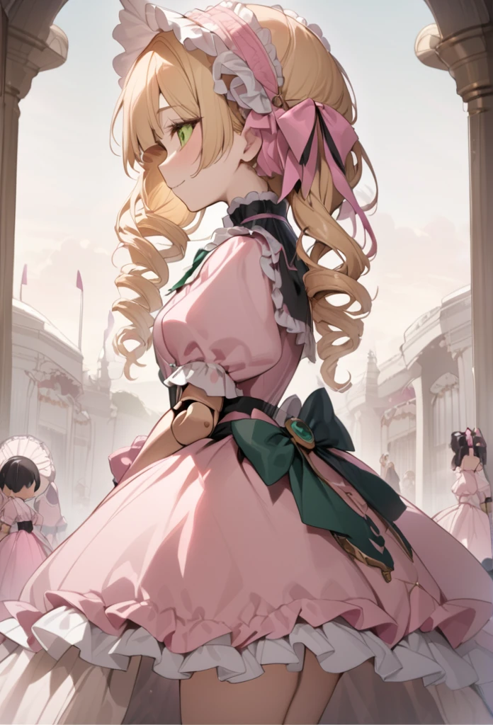 Blonde hair,ringlet,emerald green eyes,long eyelashes,light pink victorian dress,puffy short sleeves,frilled dress,frilly wide brimmed Bonnet with bows,fringe bangs,cowboy shot,masterpiece,highress,soft smile,bishoujo,peterpan collar,sideview,facing away,solo,(pink clothes),ball joins,doll joints,