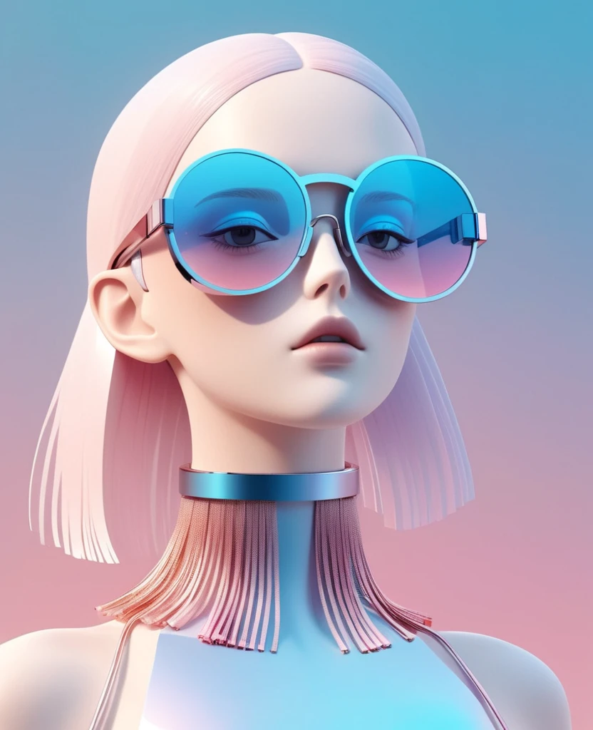 3D illustration of upper body and face of artificial intelligence model wearing futuristic glasses, Stylish glasses with tassels,Gradient background, Pastel color palette, pink blue, Simplicity, cold metallic textures, Surrealism,