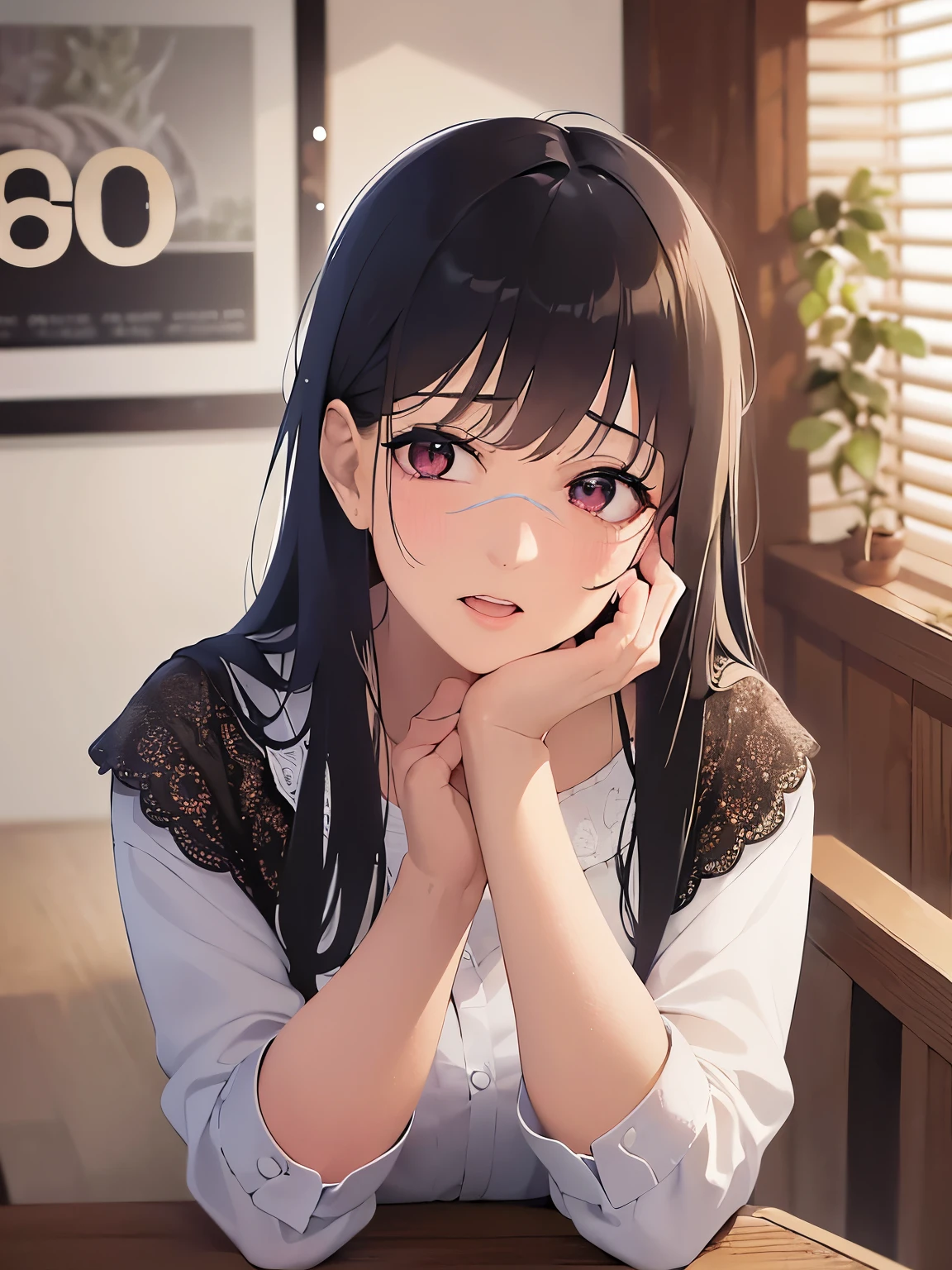 Realistic, real person, RAW photo, photorealistic, portrait photography, shiny skin, japanese idol、 Black Hair、Medium hair with bangs、(orenge eyes:1.2), (60 year old grandmother:2)、 Wearing a gray shirt、worried, Are standing, Dining background、Alone、Hands on cheeks