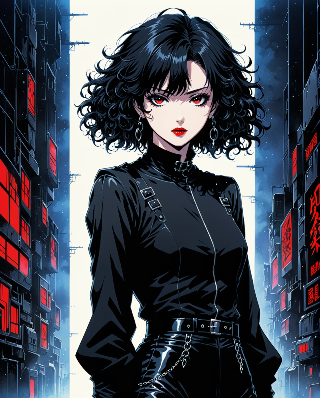a full-body, high-resolution anime style of a rebellious age female goth with short curly black hair, thin face, intense red lips, gothic fashion, inspired by the works of Yoshiaki Kawajiri, vibrant and edgy, with dramatic lighting and dynamic composition, BREAK, Art style by Yoshiaki Kawajiri and Tsukasa Hojo and Toshihiro Kawamoto - -intricately detailed face - -80s and 90s anime still - -1980s retro anime - -1980s and 1990s anime retro nostalgia -highly detailed profile BREAK, ARISTYLE4, Soft Pastel -depth of field, Cinematic Angles, Dynamic angles, (((masterpiece))), perfect face, ((full body shot)),