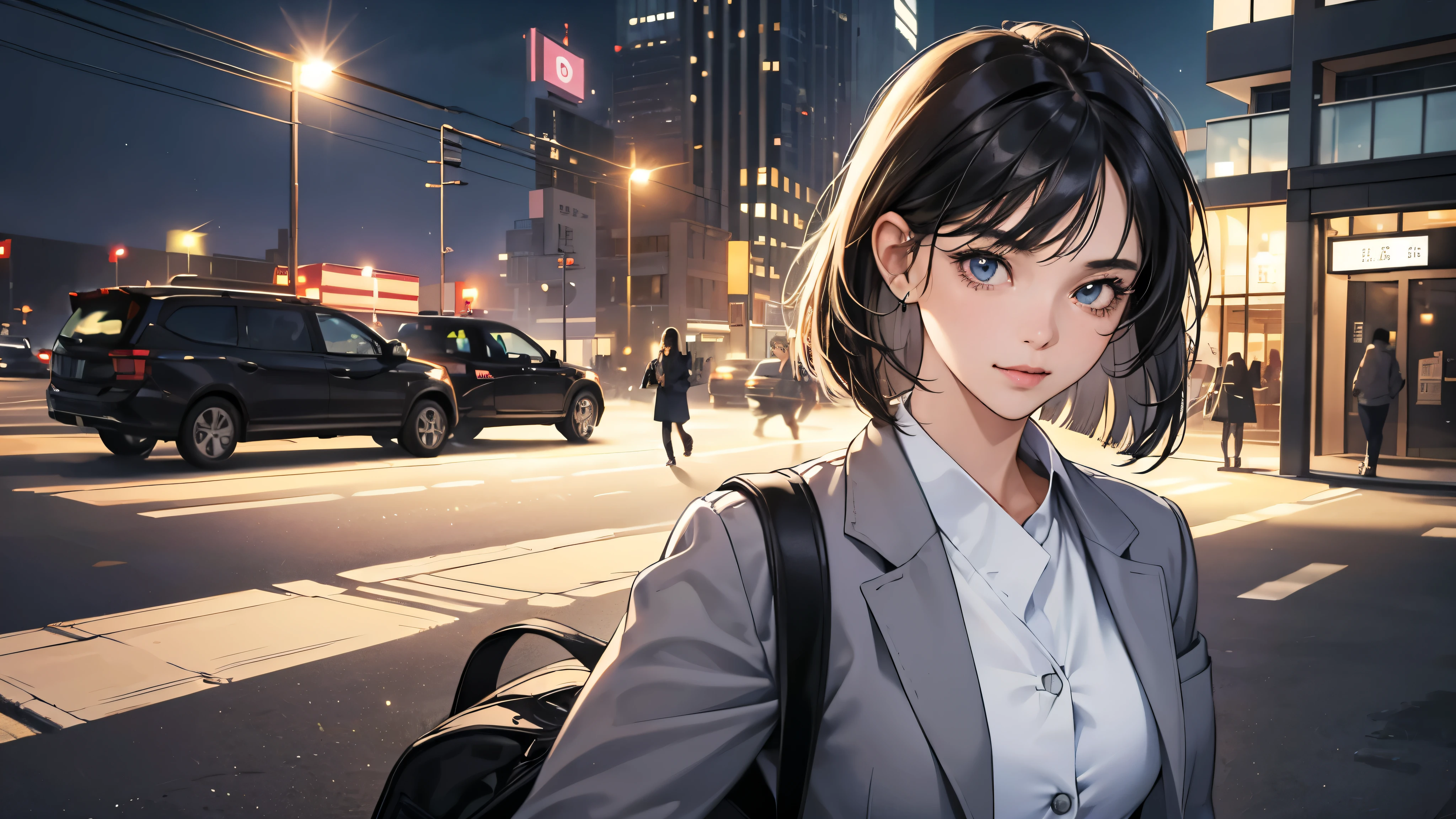 (perfect anatomy:1.2)(absurdres, highres, ultra detailed),masterpiece,best quality,high resolution,8k,Realistic face,Realistic skin texture,magnified textures, stunning clarity,detailed anime girl,(ultra detailed eyes and face),(1 girl:1.7)21years old,she is office worker,,smile:1.2,black hair, bob cut,natural make,grey jacket and pants,black brouse,,sparkling eyes.small nose,roundface、just left the office when it was time to leave,night, bussines district,she is walking,happy,she just leave her company,upper body