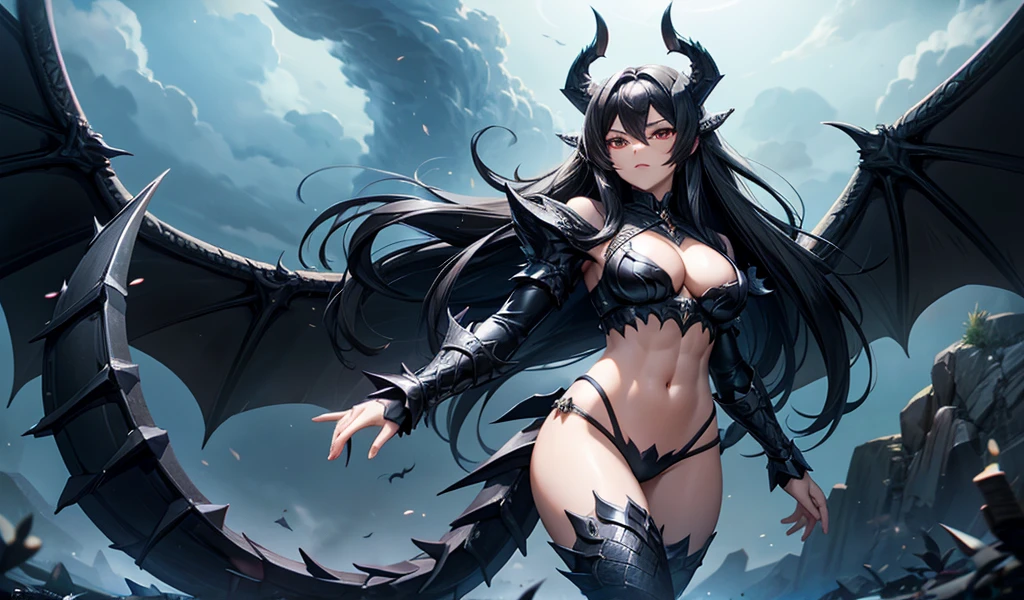 Long black hair, goddess,Chest,cleavage,Abdominal muscles,black dragon horn,There are black dragon scales on the body,black dragon wings,black dragon tail,thigh,thong,thunder clouds