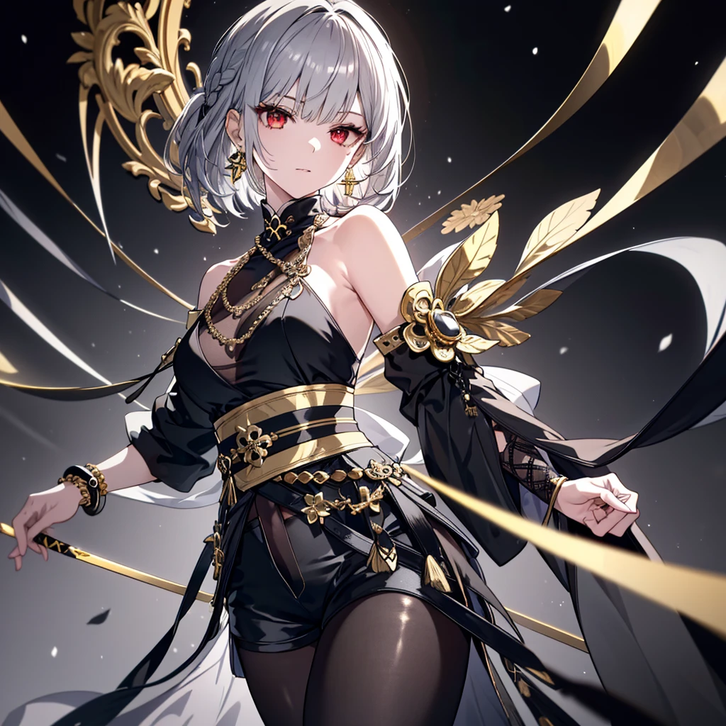 8k,High resolution RAW color art,Anime Art,Silver Marble Skin, (((Very detailed and cool))), Detailed skin, Blur、texture,(Exquisitely crafted, The finer details, Ultra-detailed art), (((1 girl))), Depth of written boundary, Silky Touch, Hyper Detail, (((Cool face))), eye shadow、Armed women, Beautiful detailed red eyes, Beautiful lip detail, Highly detailed face, Delicate depiction of hair and eyes, Detailed Fashion, Golden earrings,Full body depiction, Black half top、(((Shoulder Bare)))、Black shorts、Waistマント、black tights、Golden decoration, Grey Hair, Golden bracelet, Straight Hair、Short Hair、(((Hair)))、Simple Background、(((Black theme)))、snow、Draw your sword(Black sword、Waist、)、look down、cloth、Clear face、dorsal position