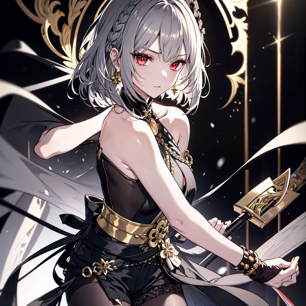 8k,High resolution RAW color art,Anime Art,Silver Marble Skin, (((Very detailed and cool))), Detailed skin, Blur、texture,(Exquisitely crafted, The finer details, Ultra-detailed art), (((1 girl))), Depth of written boundary, Silky Touch, Hyper Detail, (((Cool face))), eye shadow、Armed women, Beautiful detailed red eyes, Beautiful lip detail, Highly detailed face, Delicate depiction of hair and eyes, Detailed Fashion, Golden earrings,Full body depiction, Black half top、(((Shoulder Bare)))、Black shorts、Waistマント、black tights、Golden decoration, Grey Hair, Golden bracelet, Straight Hair、Short Hair、(((Hair)))、Simple Background、(((Black theme)))、snow、Draw your sword(Black sword、Waist、)、look down、cloth、Clear face、dorsal position