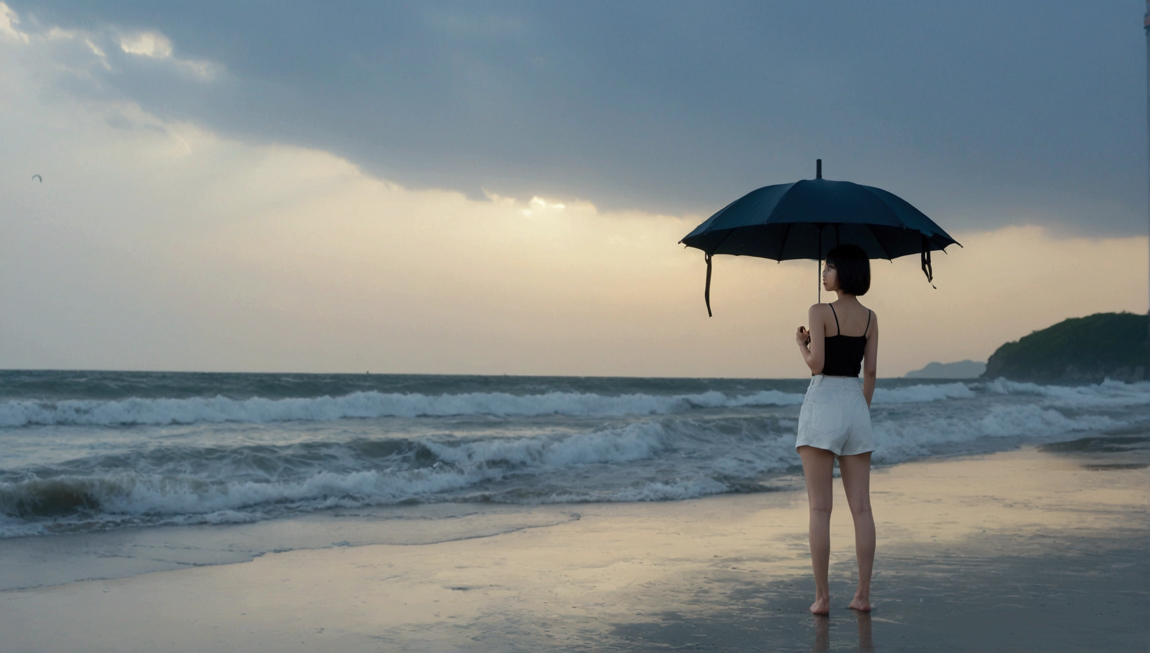 8k, Vivid picture quality, Vivid picture quality, long deserted beach, Full body shot from a distance with a wide angle lens, Short hair, beautiful appearance, Model-like body, Short and slim Korean woman, sunset의 붉은 빛, sunset, alone, afternoon, depressed, tide가 밀려온다, rain, medium size black umbrella, ocean, tide, wind, Clear picture quality, tower, White shorts, black umbrella looking at the camera, Short hair, 멀리 tide에 발을 담근다