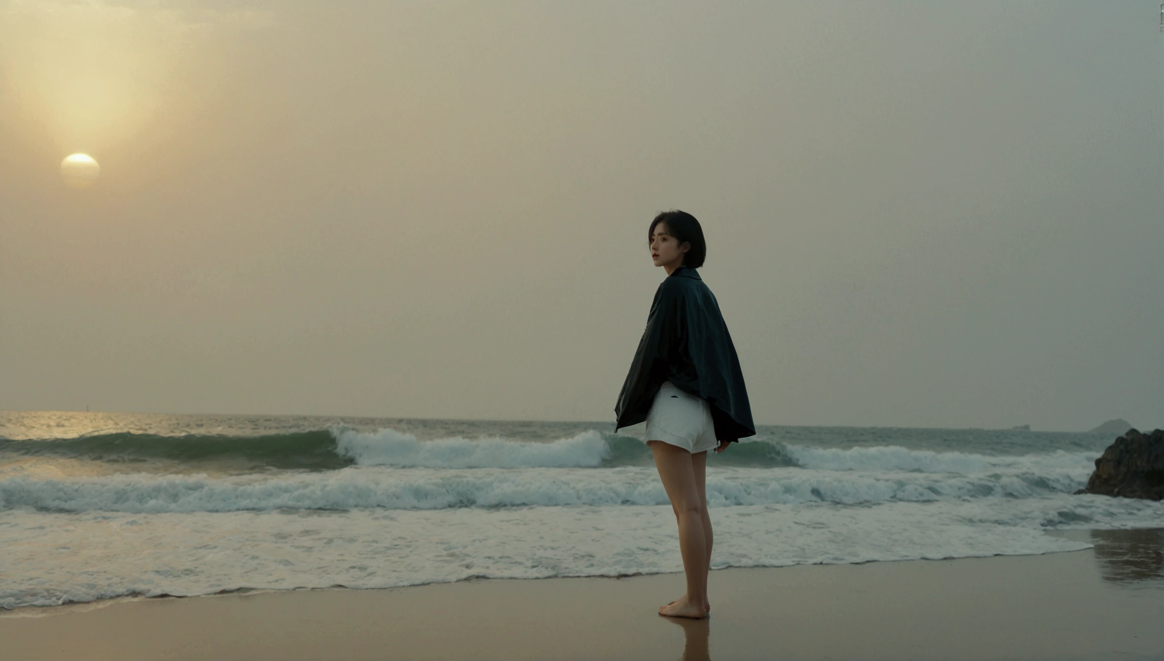 8k, Vivid picture quality, Vivid picture quality, long deserted beach, Full body shot from a distance with a wide angle lens, Short hair, beautiful appearance, Model-like body, Short and slim Korean woman, sunset의 붉은 빛, sunset, alone, afternoon, depressed, tide가 밀려온다, rain, medium size black umbrella, ocean, tide, wind, Clear picture quality, tower, White shorts, black umbrella looking at the camera, Short hair, 멀리 tide에 발을 담근다