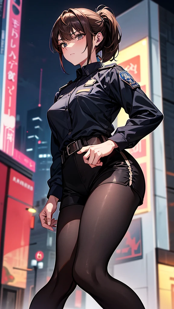 {{masterpiece}}, {{{best quality}}},{{ultra-detailed}}, {{illustration}},{{tall stature}},{{adult women}},((Black tights and shorts)),Small breasts,Slender,{{Hands on hips}},((Leggings with integrated shorts)), Female police officer　Cowboy Shot　A strong expression　Brown hair ponytail　Place your hands on your knees　1 female,alone,　Downtown at night　long sleeve police uniform　Black pantyhose　View from below　Black Belt
