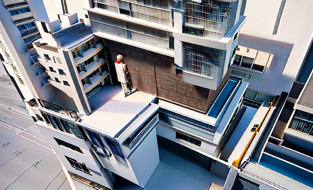 Aerial view of a person standing in front of a building., modelo 3d rendering, impossible style architecture, orthographic 3D rendering, conceptual representation, 3d rendering model, 3d rendering, 3d rendering, 3d rendering, 3D rendering, 3D rendering, isometric view from behind, conceptual, rendered detail, conceptual house