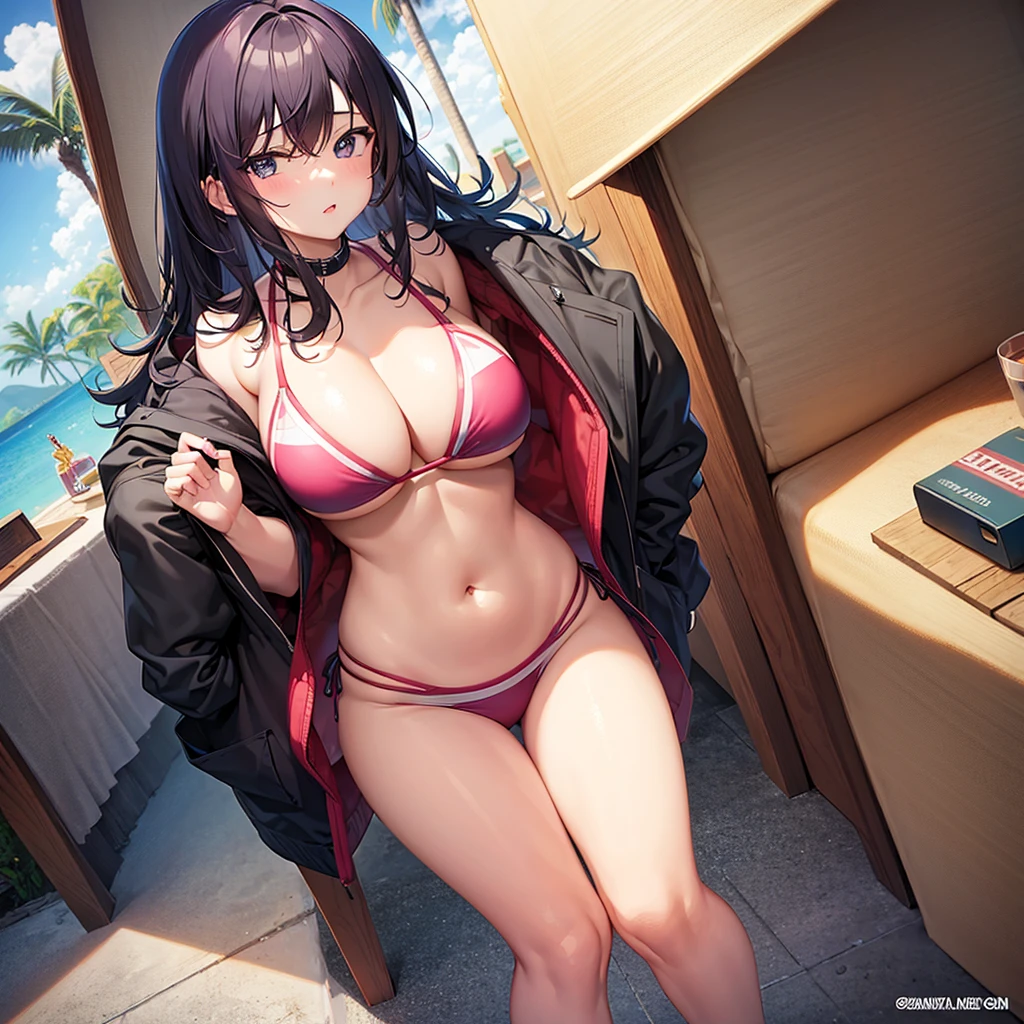 Hot anime girl , in hot bikini, big ,
Front view, girl in home