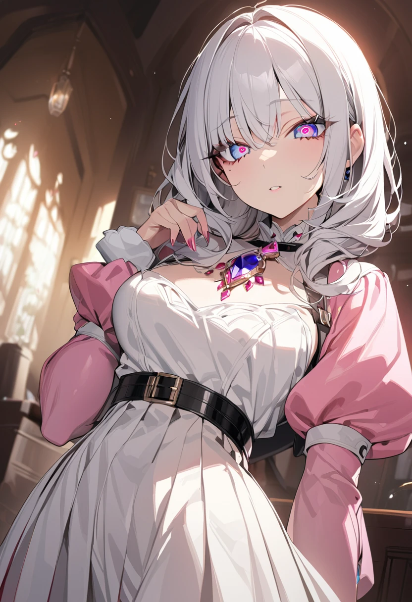 One girl, masterpiece, best quality, beautiful, big eyes, jewel eyes, diamond eyes, white hair, pink extensions, moe sleeves, black belt, skirt, jewels