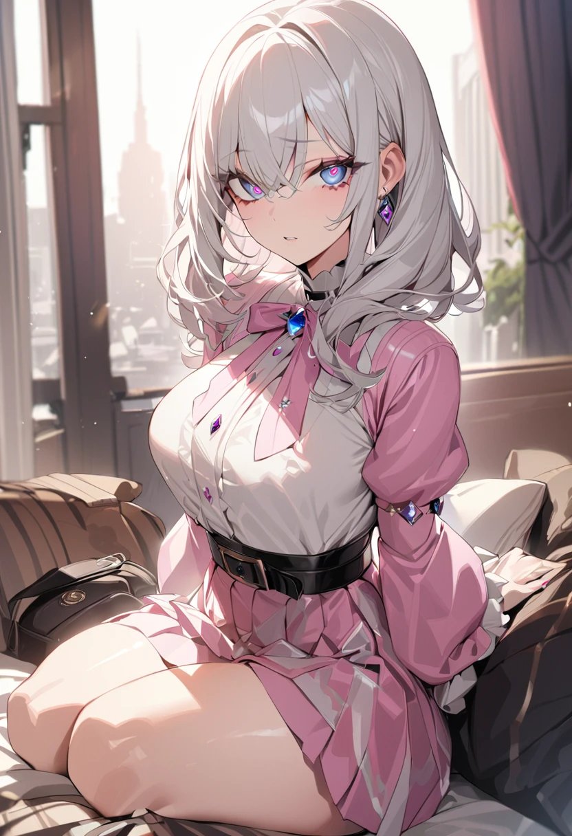One girl, masterpiece, best quality, beautiful, big eyes, jewel eyes, diamond eyes, white hair, pink extensions, moe sleeves, black belt, skirt, jewels